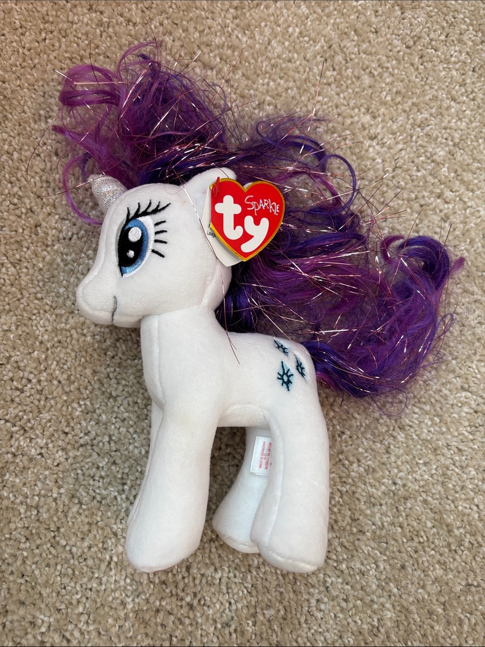 Ty Rarity My Little Pony White Unicorn Plush with Purple Sparkle Mane